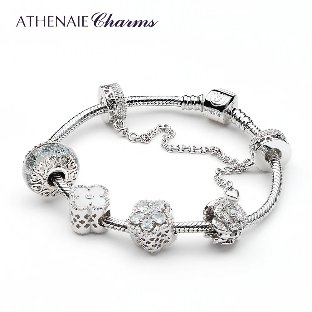 ATHENAIE 925 Sterling Silver Shine Zircon Love Rose Flower Dreamland Charms Bracelet For Women Jewerly Valentine Day Gift