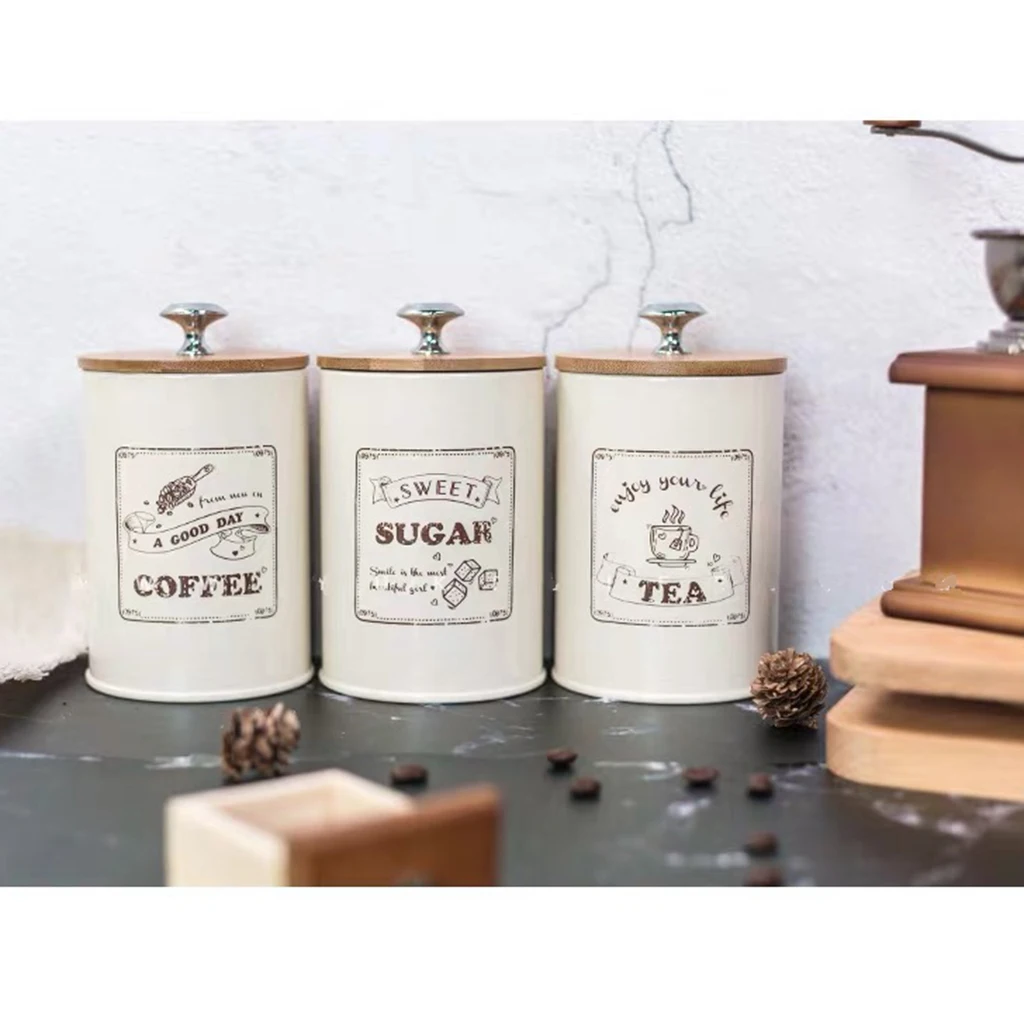 3pcs Vintage Style Tea Coffee Sugar Canisters Kitchen Tin Retro White Storage Jars Pots Food Storage Containers