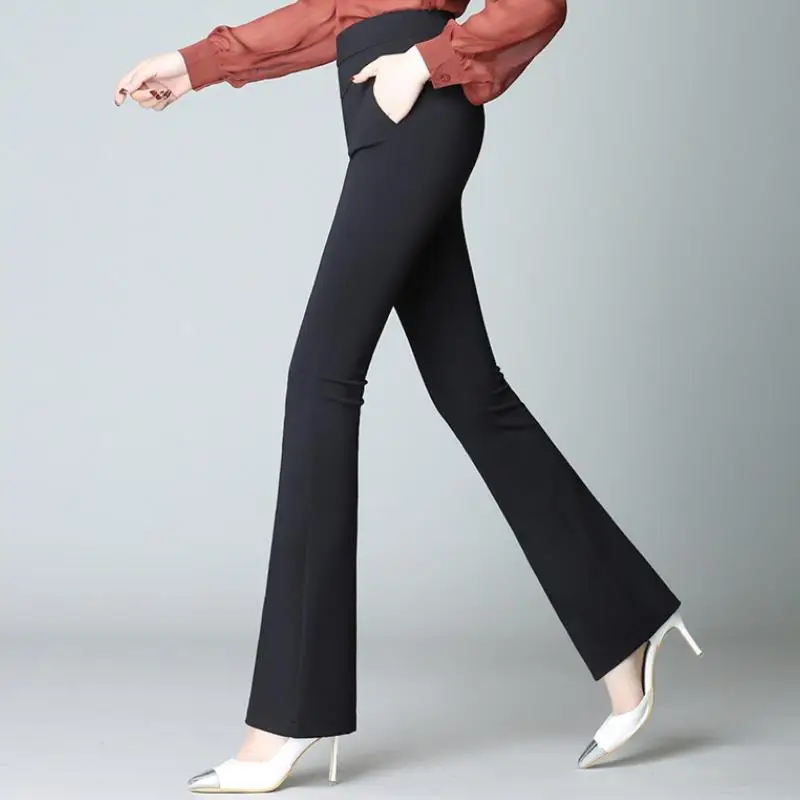 

Black Elegant Office Lady Elastic Waist Flare Hem Pants Casual Solid Minimalist Pants Spring Women Pants Trousers