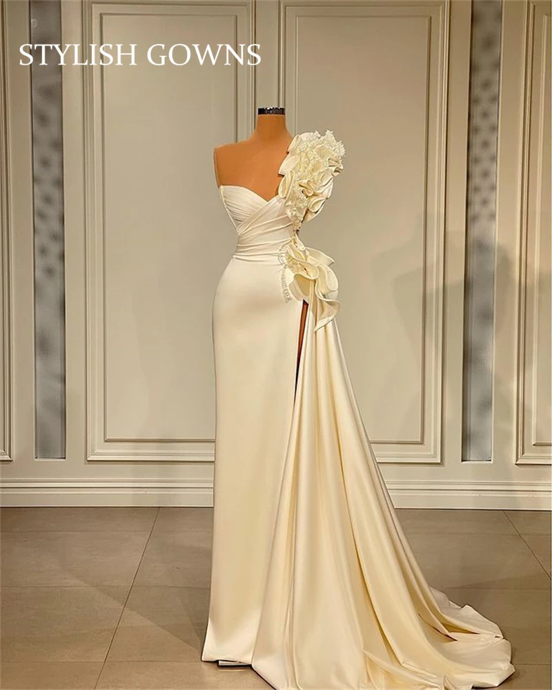 Elegante novo branco um ombro vestido de casamento frisado babados plissados vestido de noiva alta fenda vestidos de noite