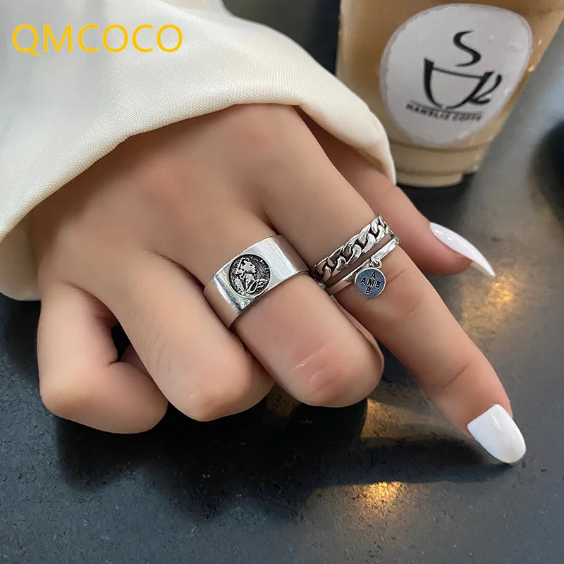 Vintage Geometric Portrait Wide Ring For Women With Simple Circular Letter Pendant Open Adjustable Index Finger Accessory Gift