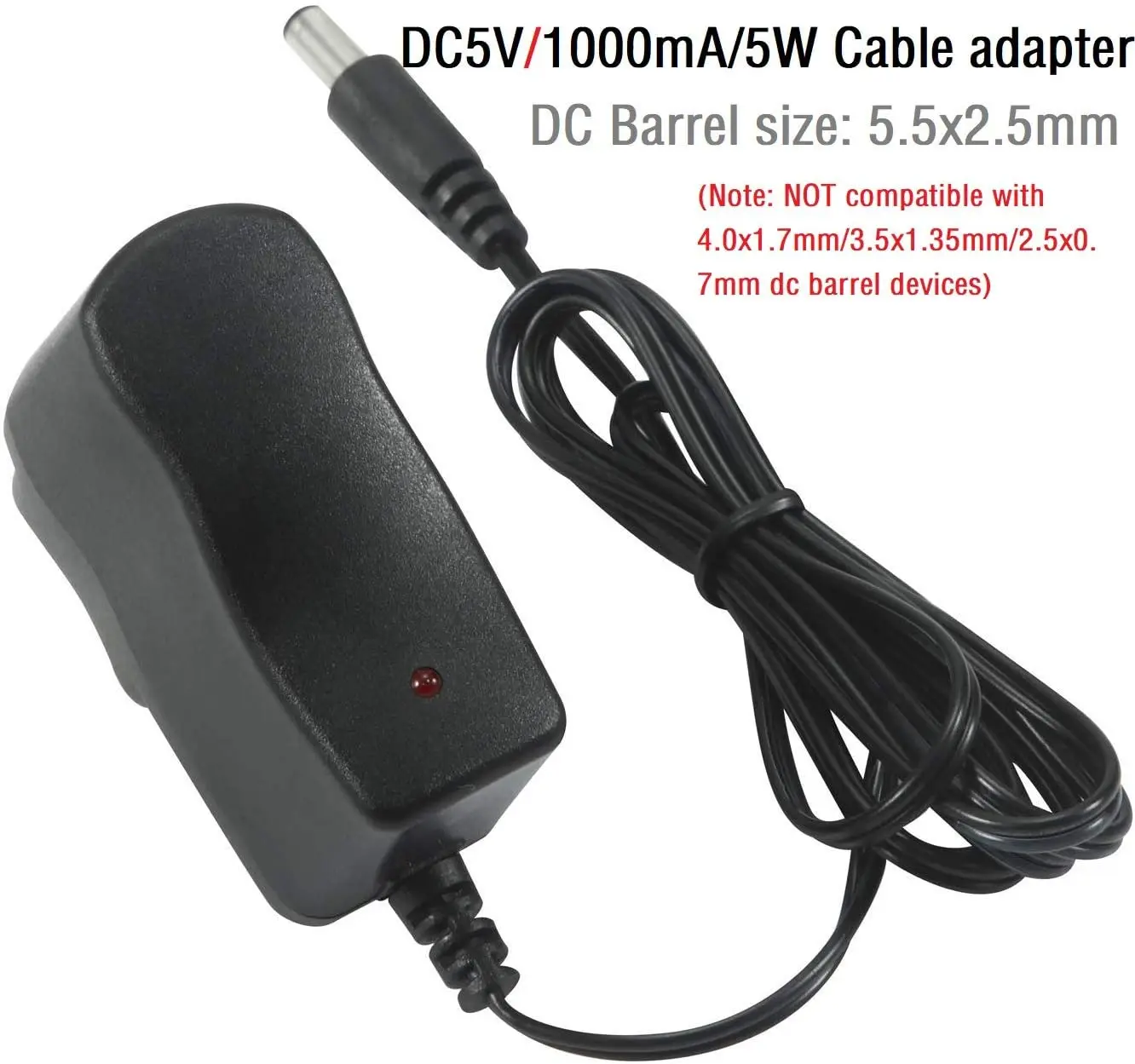 5v 1a dc電源から5v,1.2メートルのケーブルを備えた壁プラグ用電源アダプター,5.5x2.5mm,ルーター,カムコーダー,DVR,レシーバー用