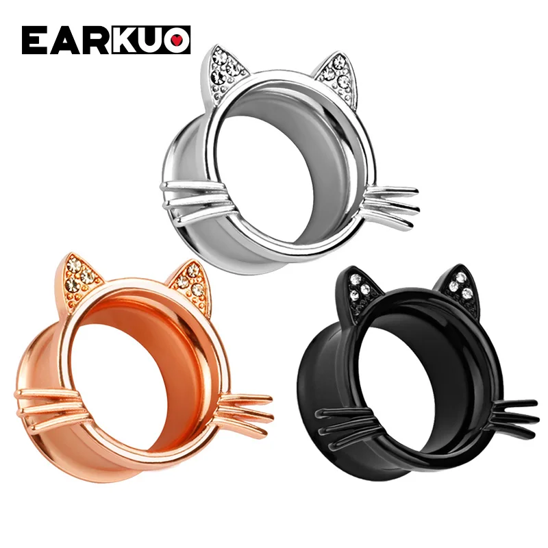 EARKUO Hot Selling Cat Bat Bee Pineapple Stainless Steel Ear Piercing Tunnels Expanders Body Jewelry Earring Stretchers 2PCS