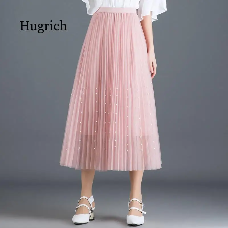 Spring Summer Womens Beading Mesh Tulle Elastic High Waist a Line Mid Calf Midi Long Pleated Skirt