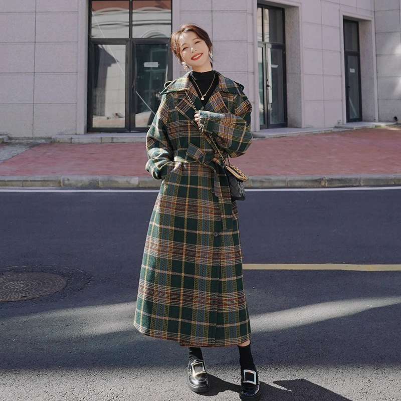 

Women's Plaid Wool Mid-Length Coat, Female Jacket, Loose, Casual, Thickened, Warm, Long Sleeve, Autumn, Winter, 2023