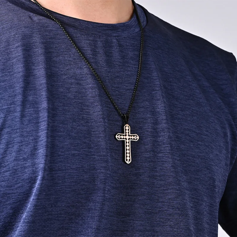 Double Layers Cross Pendants Necklaces for Men ane Women 3 Color Stainless Steel Cross Necklace Religious Jewelry