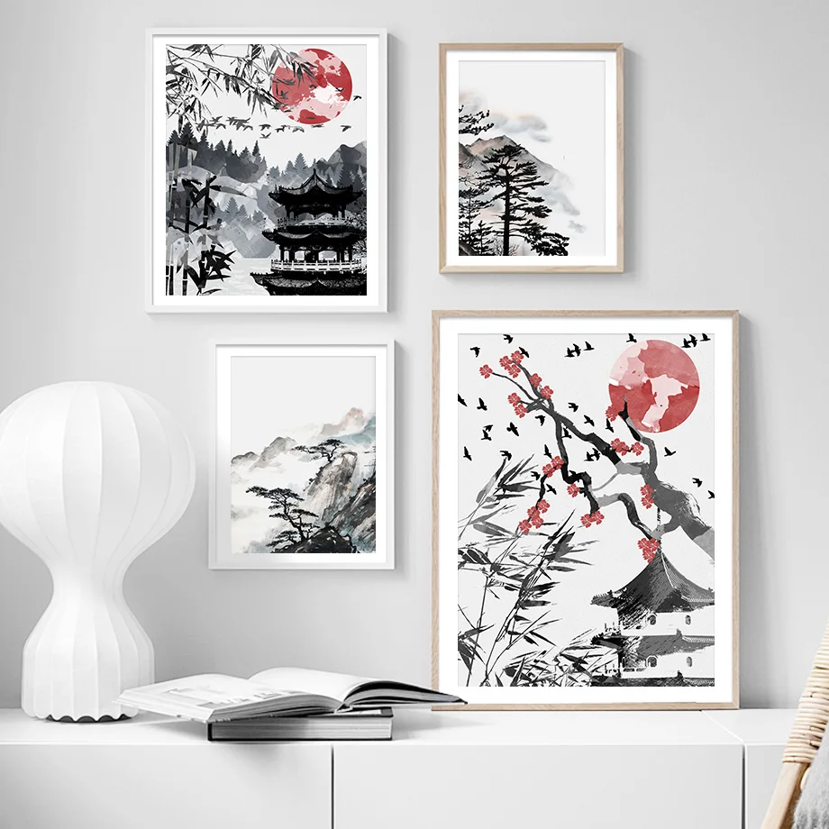 Mountain Pine Pavilion Bird Chinese Style Wall Art Canvas Painting Nordic Posters And Prints Pictures For Living Room Home Decor