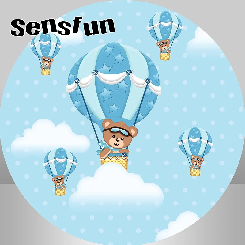 Sensfun-بالونات هواء ساخن زرقاء ، غطاء خلفية مستديرة على شكل دب ، غيوم سماء للأولاد ، استحمام طفل حديث الولادة ، خلفية دائرة لحفلة عيد الميلاد الأول