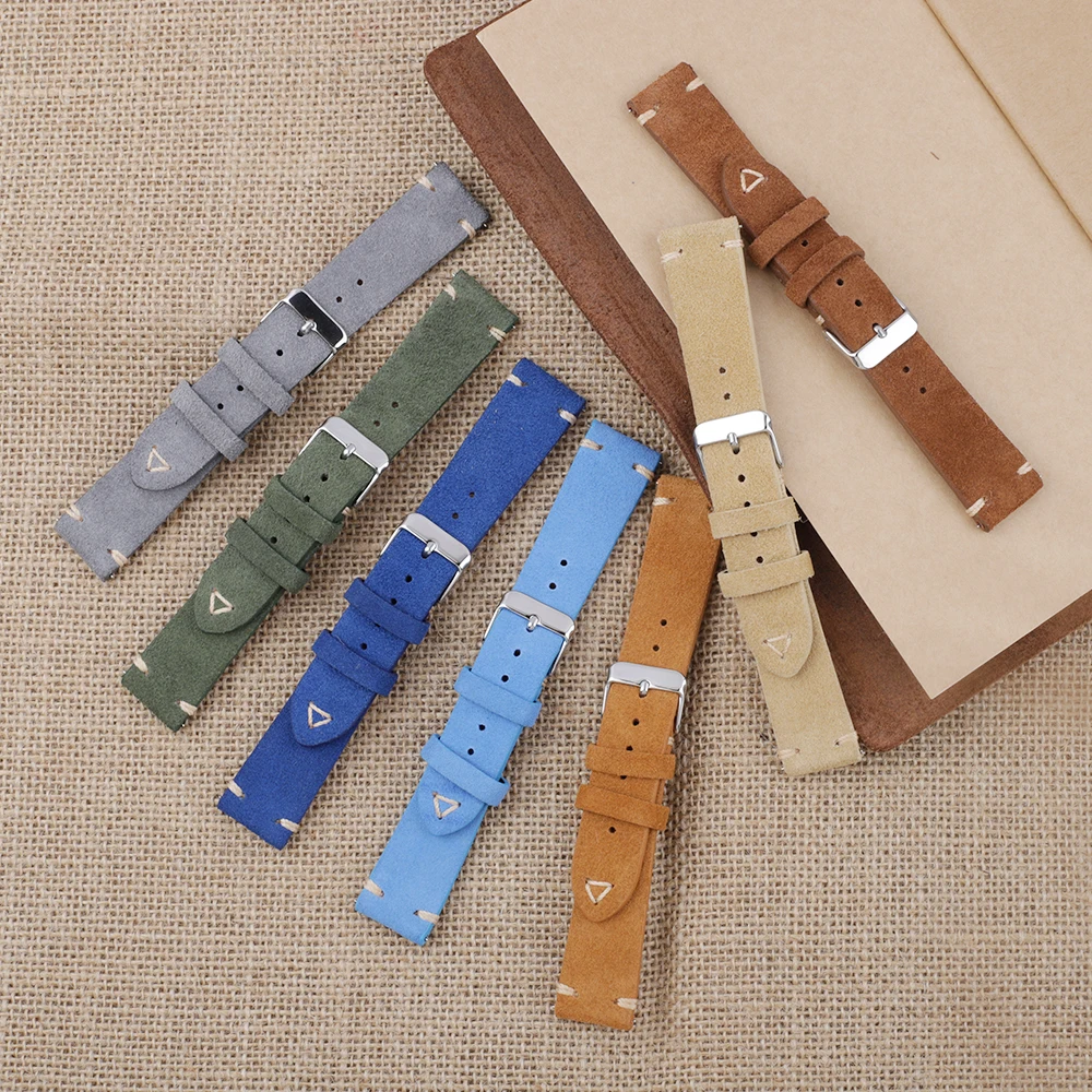 Suede Leather Watchband Strap 18mm 19mm 20mm 22mm Quick Release Watch Strap Belt Handmade Stitched Retro Aatch Accessories