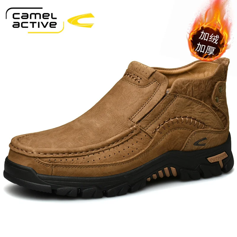 Camel Active Genuine Leather Snow Boots For Men New Winter Waterproof Shoes Short Plush Luxury Brand Working Men Boots Plus Size