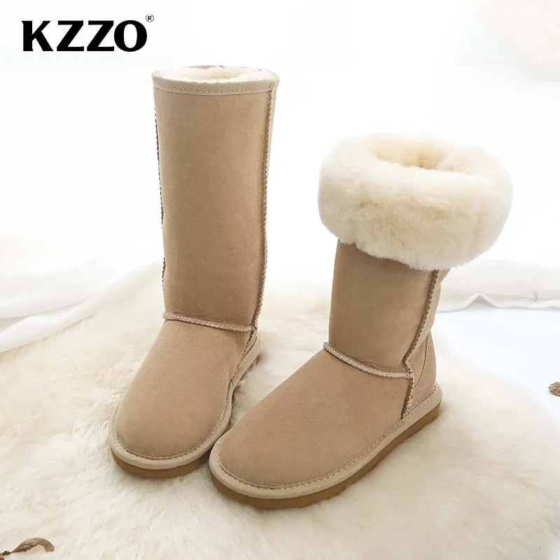 KZZO Real Sheepskin Suede Leather Women\'s High Snow Boots Natural Fur Wool Lined Winter Warm Casual Shoes Non-slip Comfortable