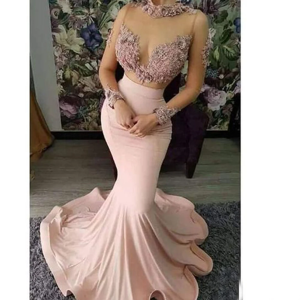 Vestidos de baile de sereia, manga longa, em cetim, com pérolas, gola alta, 2020