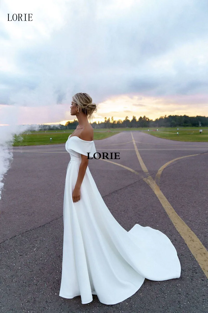 LORIE Simple And Clean Satin Mermaid Wedding Dress Off Shoulder Bride Dresses With Detachable Train Princess Wedding Party Gowns