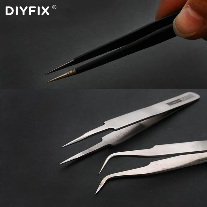 DIYFIX Anti-static Stainless Steel Tweezers Kit Eyelash For Mobile Phone Electronic Components Copper Wire Picking Repair Tool