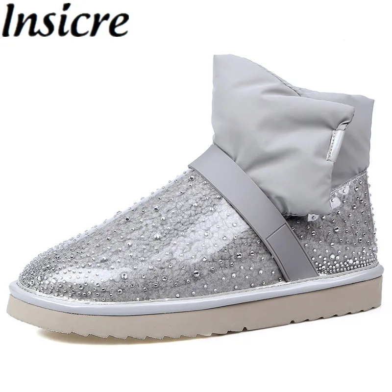 

Insicre PVC 2021 Fashion Winter Shoes Crystal Flats Women Ankle Boots Gray Round Toe Waterproof Snow Street Size 40