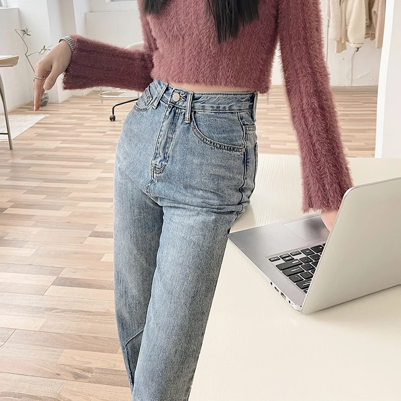 Ripped Front Split New High Waist Straight Jeans Women Vintage Classic Boyfriend High Street Full Length Denim Pants Trousers