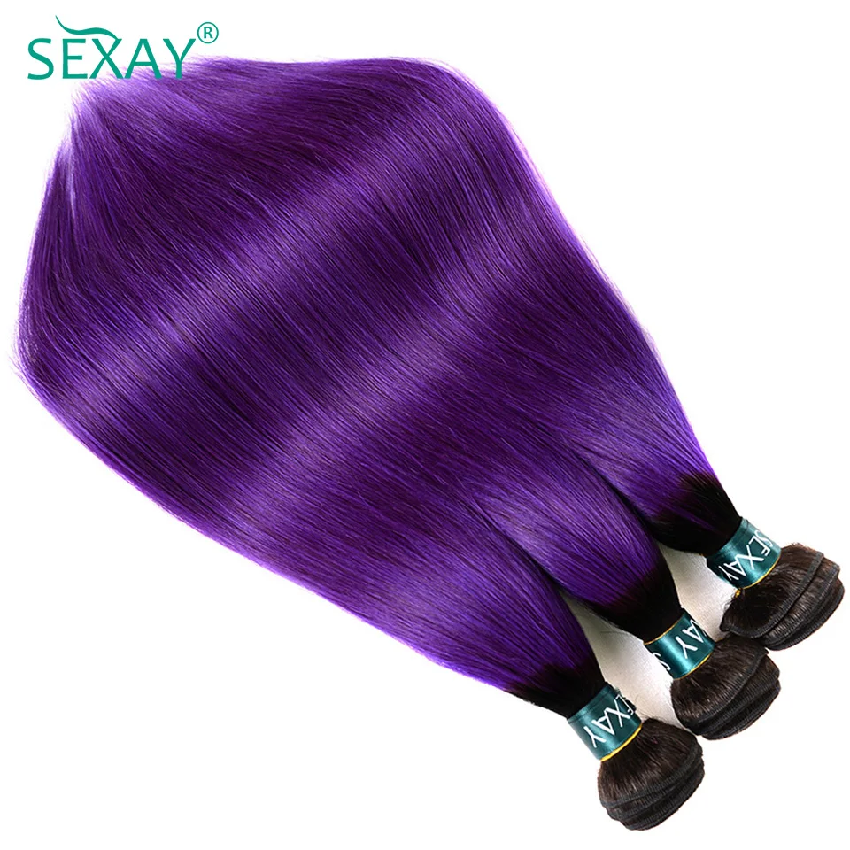 Sexay Ombre Bundles With Closure 2 톤 1B/다크 퍼플 페루 스트레이트 인간 헤어 위브 28 인치 롱 헤어 번들