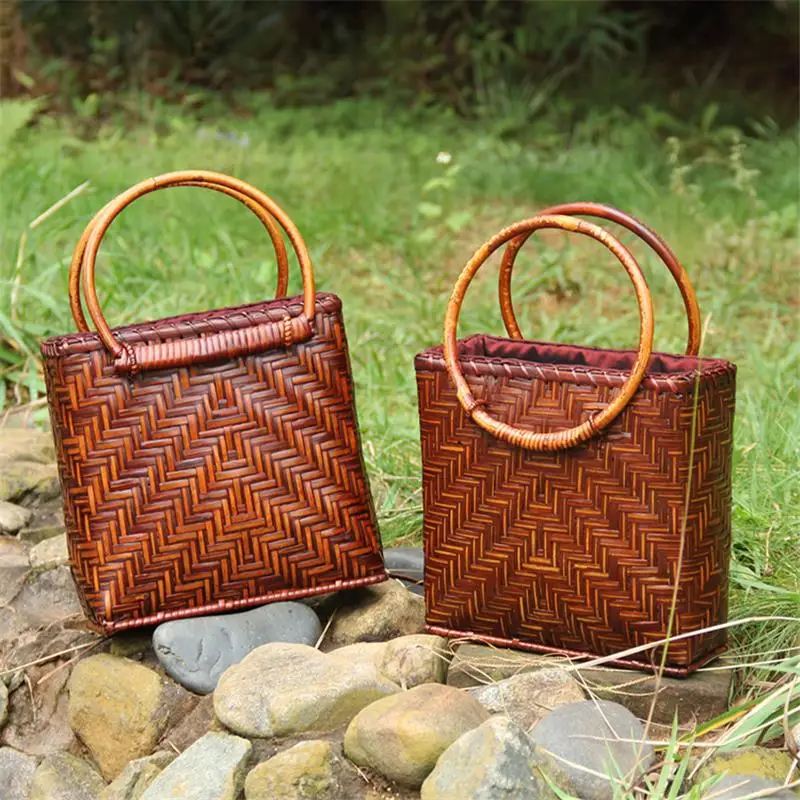 21x18CM Thai Retro Handmade Woven Bag Tea Man Handbag Bamboo Bag Tea Ceremony Portable Tea Set Storage Bag a6107