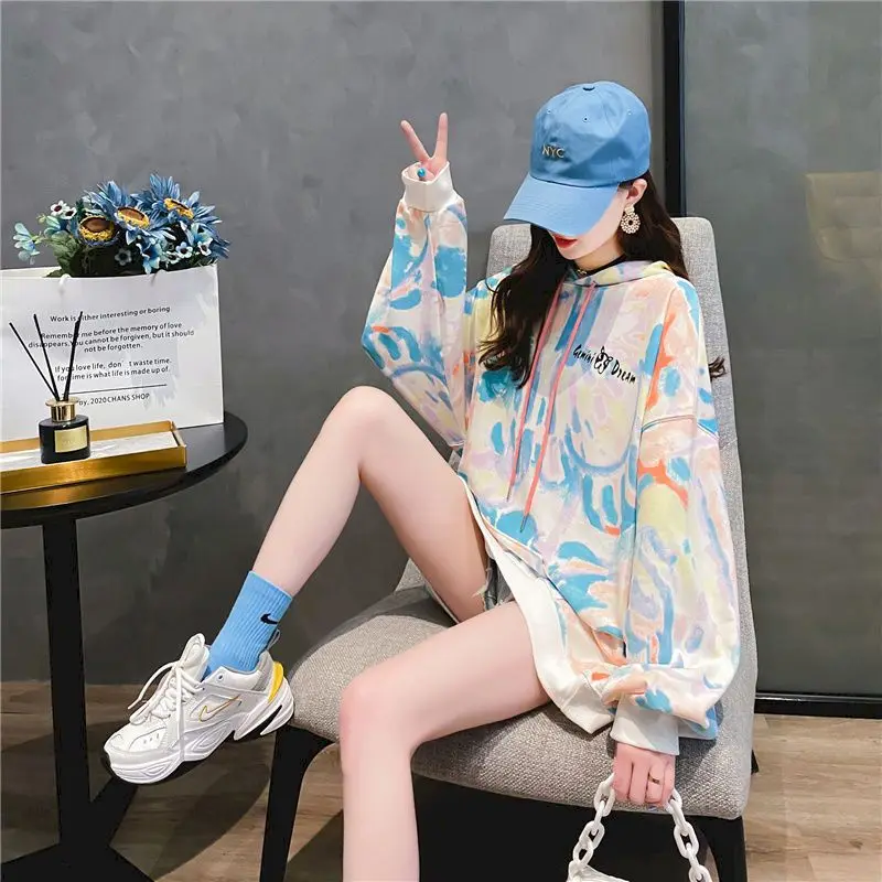 Spring Autumn Fashion Fried Street Printing Thin Hoodies Women's Mid-length Oversized Loose Sweatshirts Streetwear Women Clothes