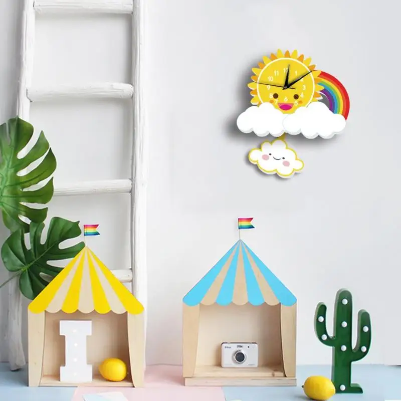 Pendulum Clocks Kids Wall Clock for Children Room Rainbow Cartoon Sun Slient Cloud Watch Study Living Room Decoration Home Decor