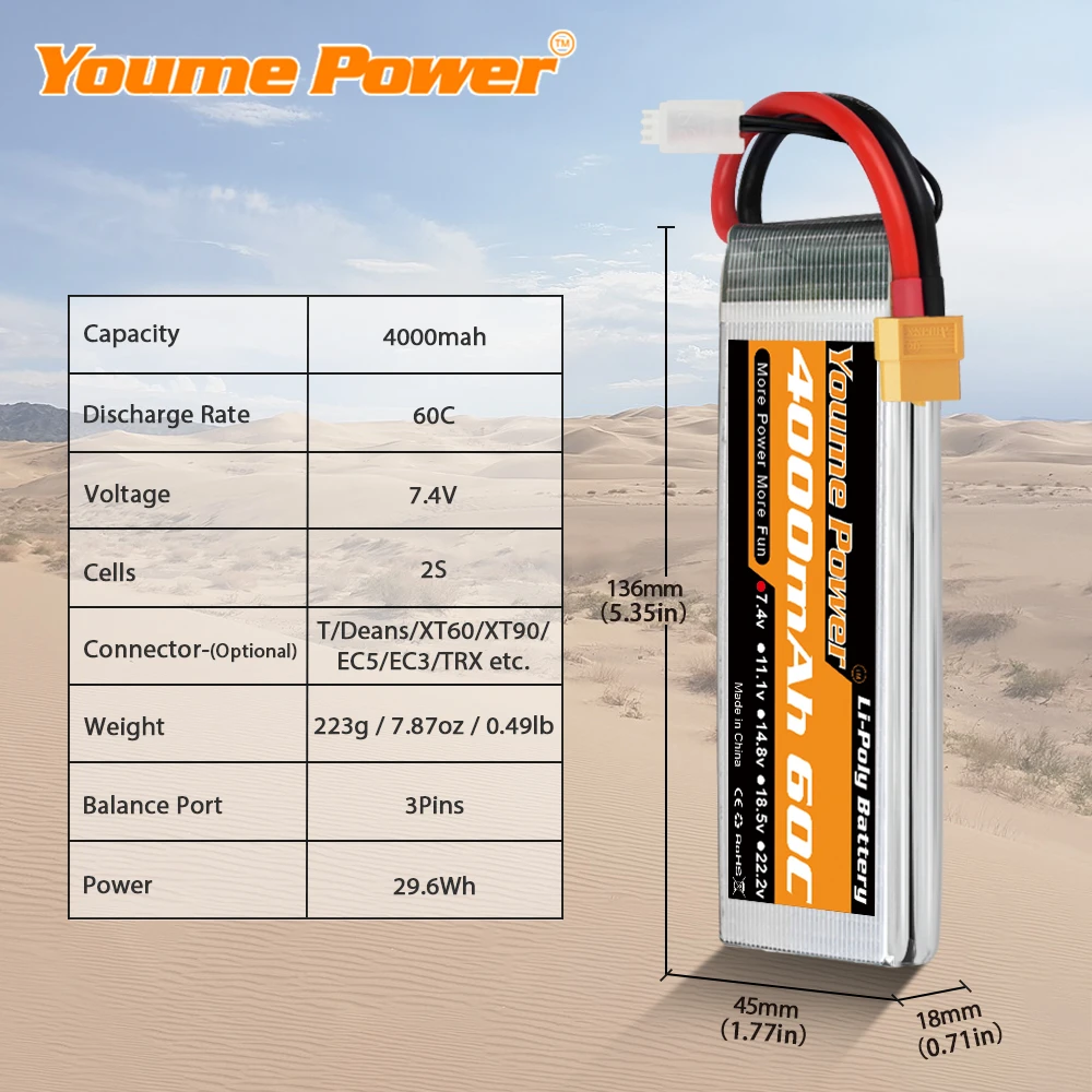 Youme 2S Lipo Battery 7.4V 3300mah 5200mah 6200mah 6500mah Drone Battery 50C With XT60 T Plug For RC Car Truck Boat Helicopter