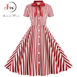 Summer Dress Women Elegant Vintage Short Sleeve Striped Print Bow Swing Party Dresses Casual Midi
