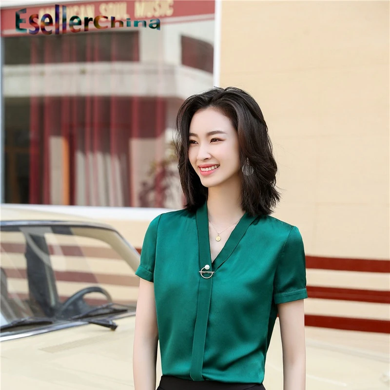 Novelty Green Summer Short Sleeve Blouses Shirts for Women Office Work Wear V-neck Ladies Blouse Female Tops Clothes