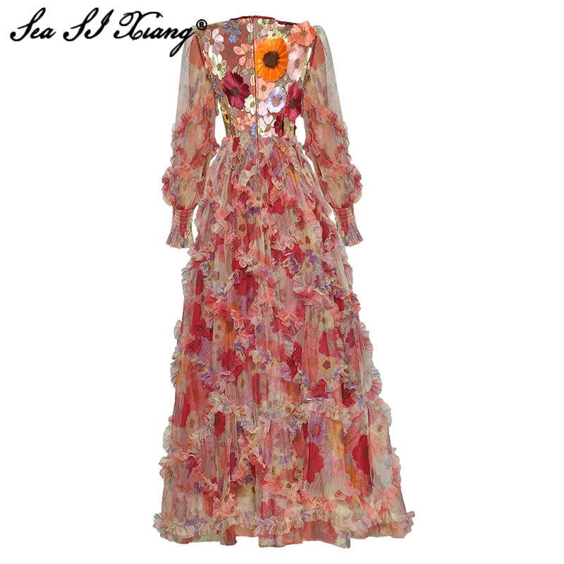 Seasixiang Fashion Designer Autumn Mesh Maxi Dress Women Lantern Sleeve Ruffle Floral Embroidery Bohemian Print Long Dresses