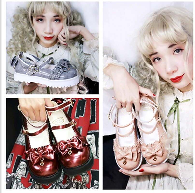 sweet lolita shoes cute bowknot lace ruffle kawaii shoes loli cosplay women shoes Vintage round head thick bottom