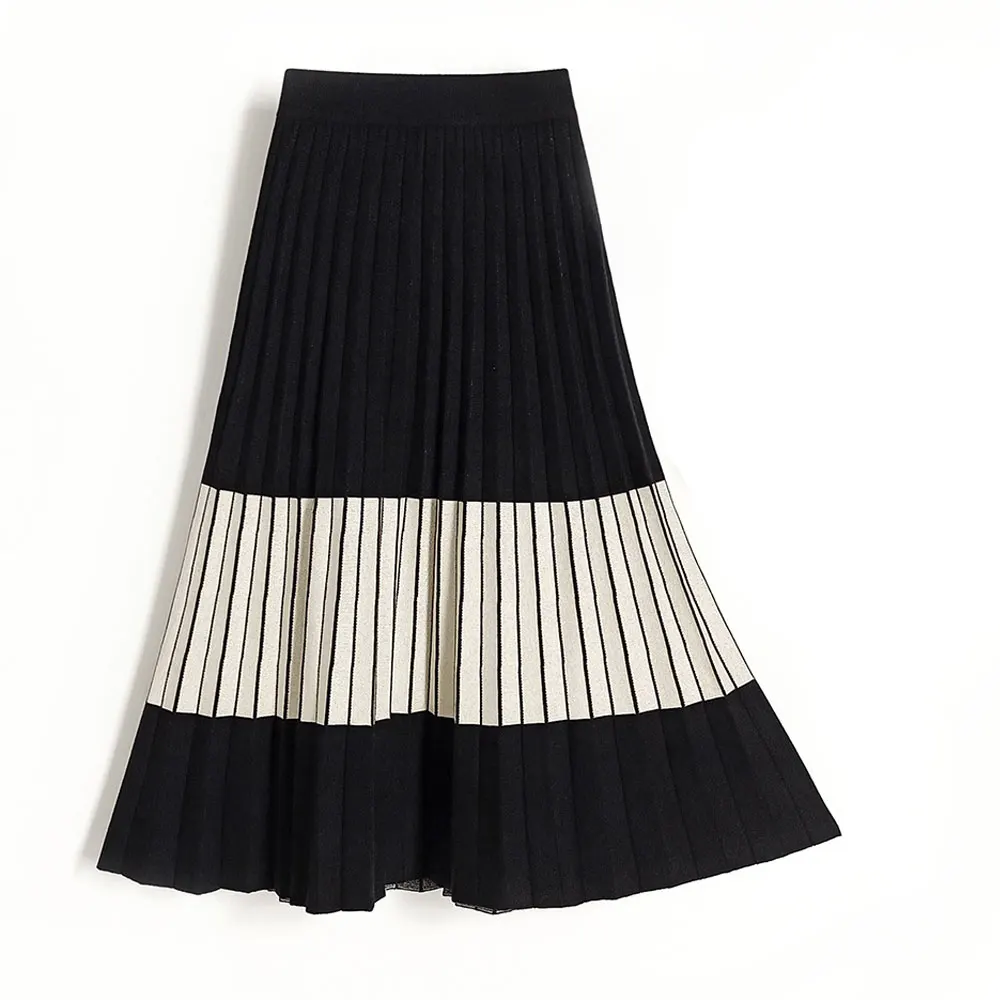 

2021 Winter Women Skirts High Waist Elegant A-Line Skirts Women Thick Kint Pleated Skirts Stripe Black Skirts Jupe Femme Saias