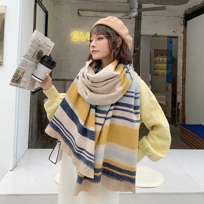 Striped Scarf Women Autumn And Winter Korean All-Match Ins Thick Japanese Imitation Cashmere Scarves Explosion Brand Blanket