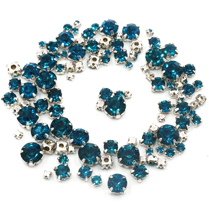 Free shipping 100pcs/pack Mixed size Peacock blue glass crystal sliver base sew on rhinestones diy apparel accessories