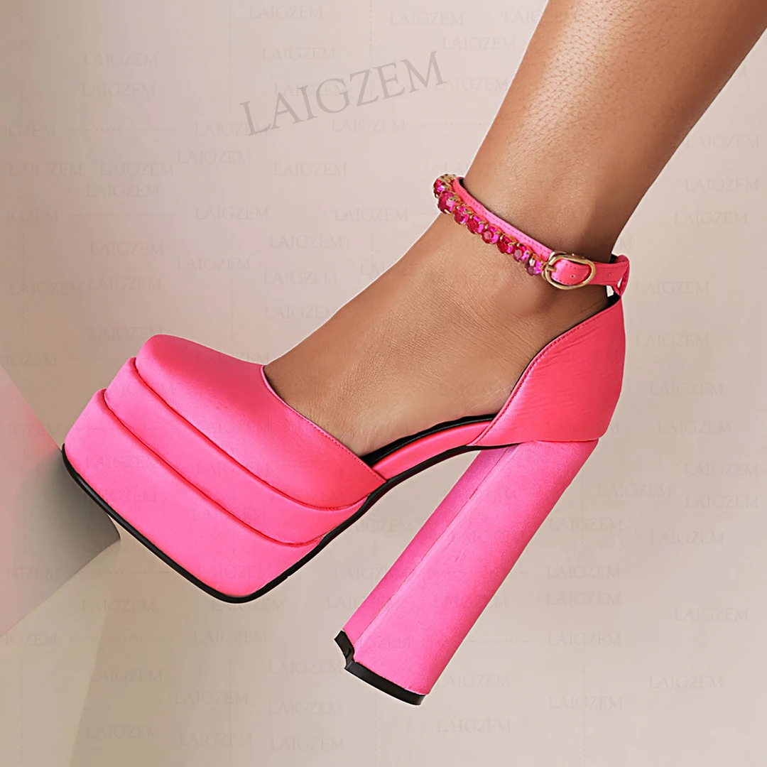 LAIGZEM Women Pumps Crystal Satin Platfrom Block High High Heels Buckle Straps Sandals Spring Summer Shoes Woman Big Size 32 43