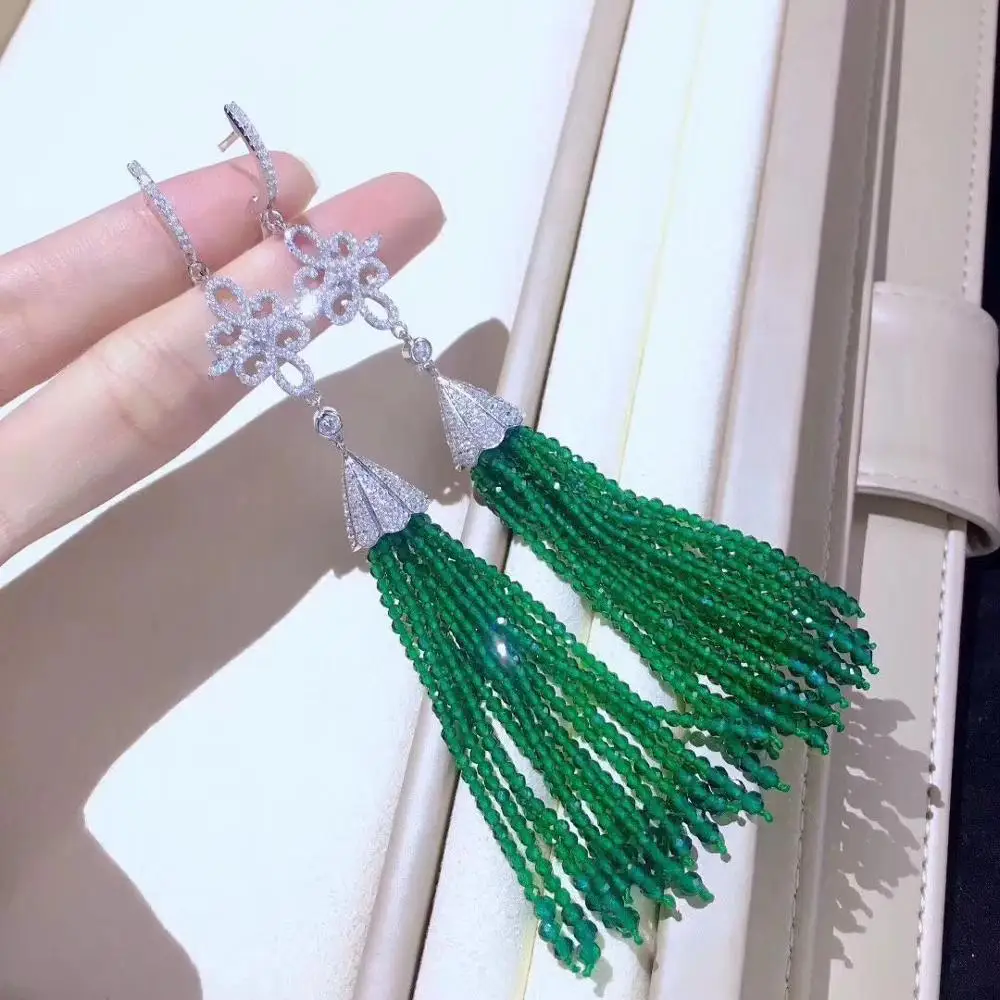 green red black color long tassels earring 925 sterling silver with cubic zircon fine women jewelry free shipping