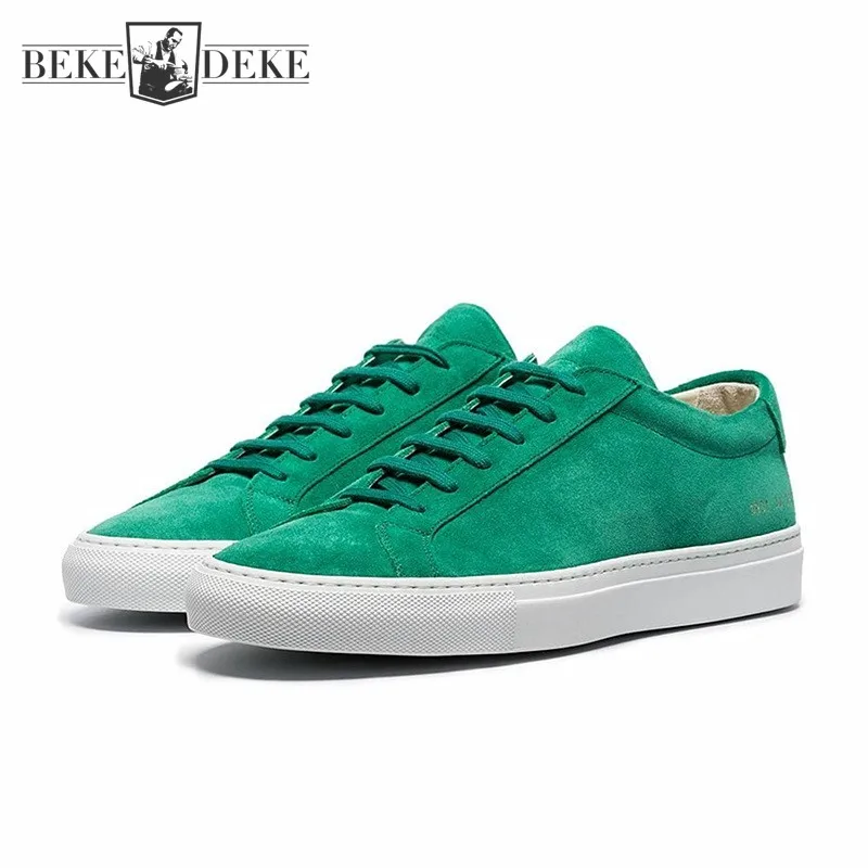 Large Size 45 46 Green Nubuck Genuine Leather Casual Shoes Men Solid Lace-Up Round Toe Flat Sneaker Brand Cowhide Fashion Shoes