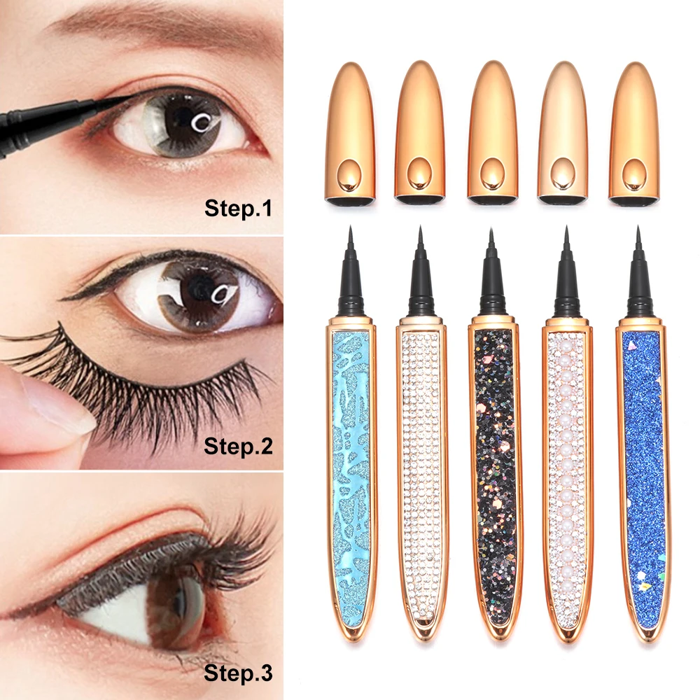 Delineador de pestañas mágico autoadhesivo 2 en 1, lápiz de pegamento No magnético, sin pegamento, delineador de ojos líquido brillante de diamante, resistente al agua, de larga duración