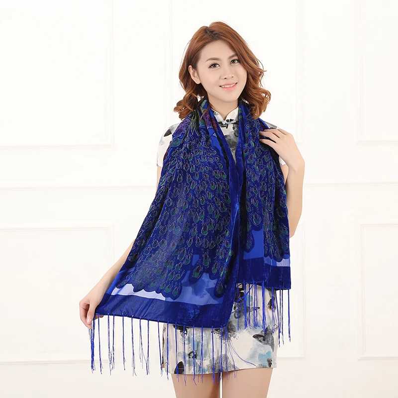 Luxury Peacock Scarf Winter Women Printed Silk Velvet Burnout Scarf Shawl For Wedding USA Hot Party Ponchos