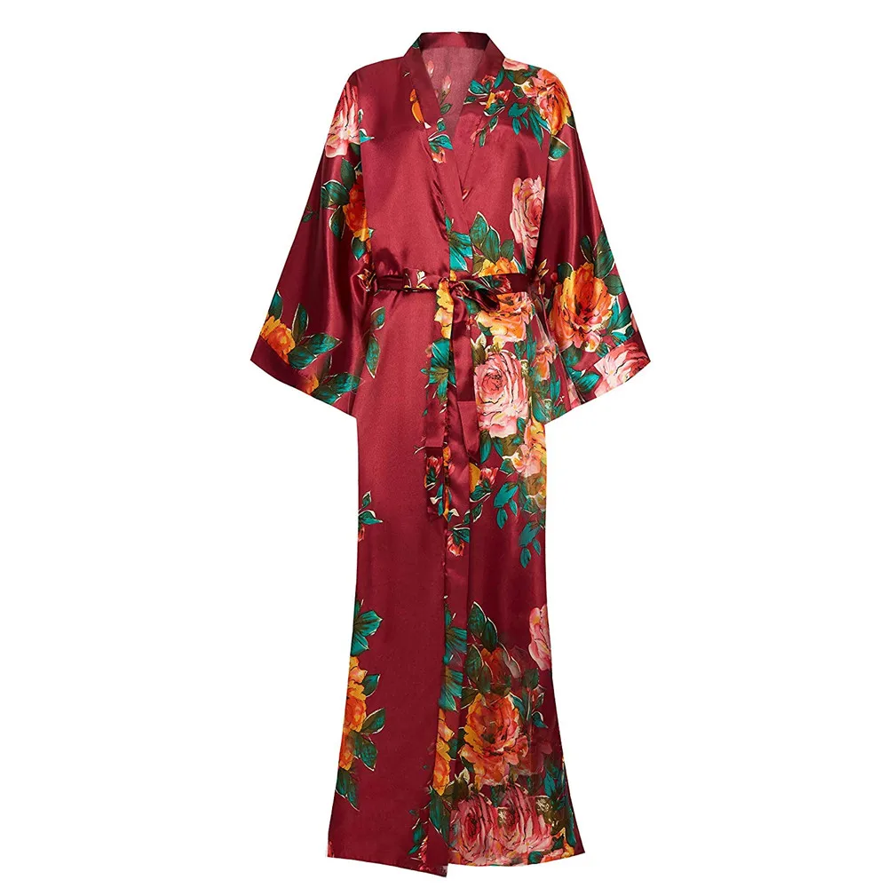 Burgundy Flower Bride&bridesmaid Robe For Wedding Oversize 3XL 4XL Loose Kimono Bathrobe Half Sleeve Long Home Dressing Gown