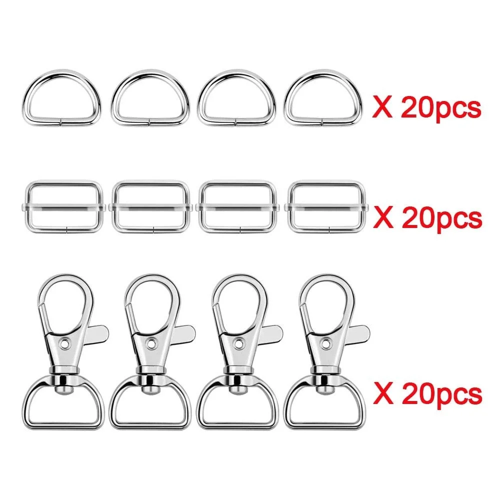 60 Pcs Metal Keychain Bulk Swivel Snap Hooks D Ring and Slide Buckle Triglide for Handbag Backpack DIY Craft Accessories