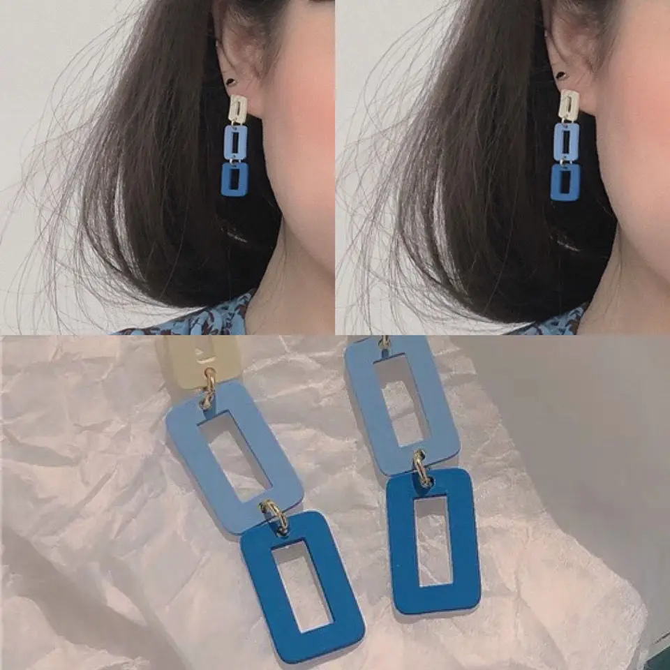 Small Fresh Contrast Blue Sqaure Clip Earrings No Hole Simple Hollow Out Rectangular Long Clip on Earrings Non Pierced Ears