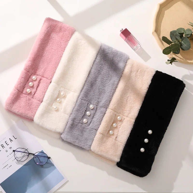 Korean Women Pearl Solid Color Winter Thicken White Cross Warm Scarf Cute Girl Faux Rabbit Fur Collar Neck Guard Plush Scarve T6