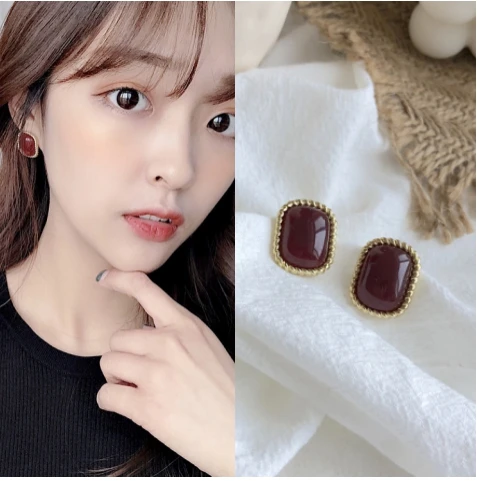 New Retro Simple Wine Red Resin Geometric Striped High-grade Earrings French Elegant Girl Fashion Exquisite Wild Wedding Jewelry