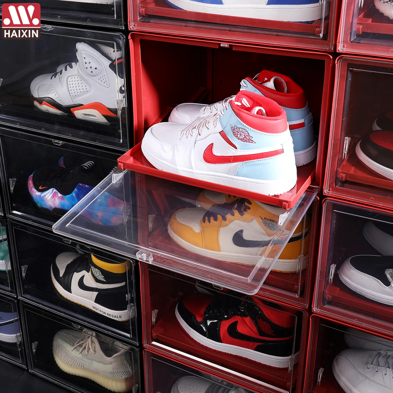 Haixin Sneakers Box Sliding Plastic Shoes Box Stackable Display Cabinet Storage Box Detachable Dustproof Shoe Rack Organizer