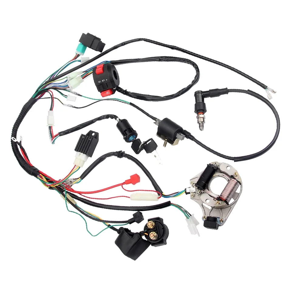 Motorcycle Wiring Harness Stator Coil CDI Solenoid Relay Spark Plug for 4 Wheelers Stroke ATV 50cc 70cc 110cc Pit Quad Dirt Bike