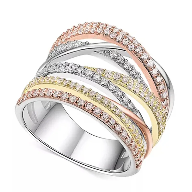 

2021 Trend Three-Color Plated Geometric Lines Micro Inlaid Zircon Rings For Women Cool Stuff Gothic Smart Ring Jewelry Sets