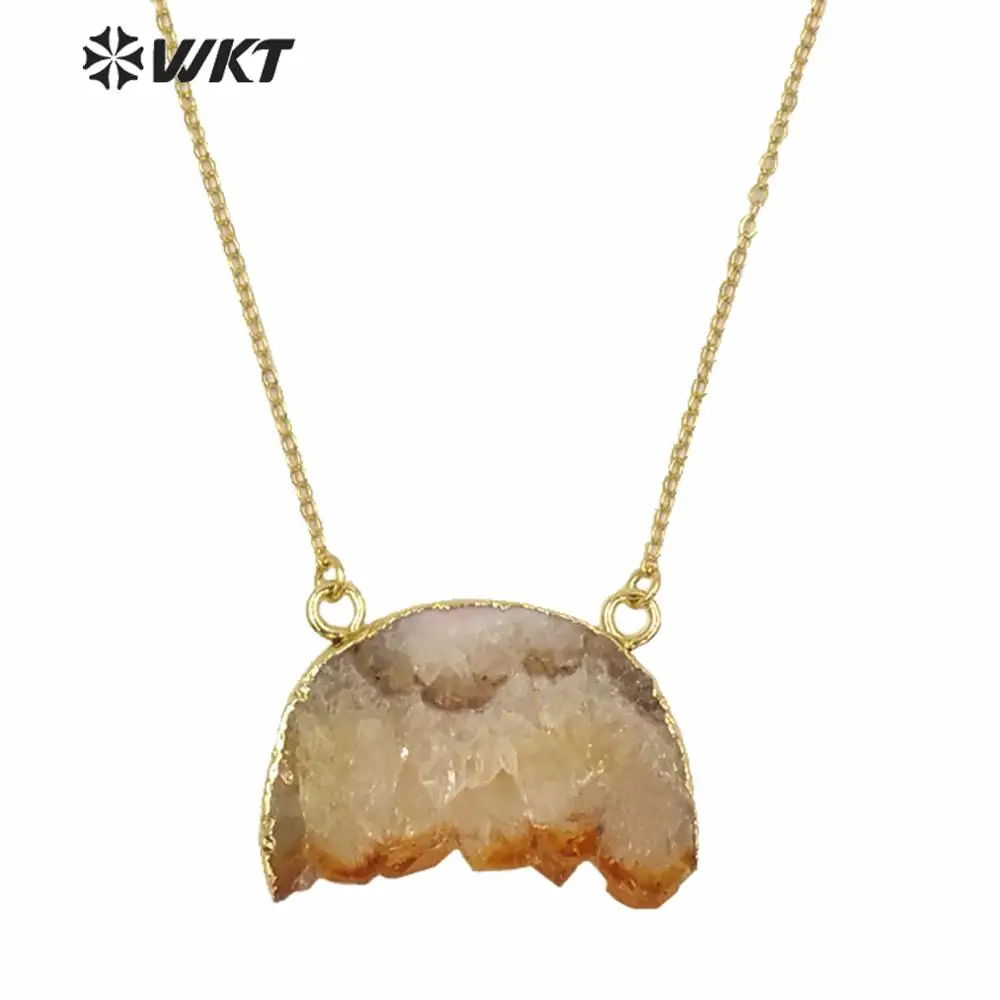 

WT-N192!Double loops yellow druzy at gate necklace with gold trim on edged