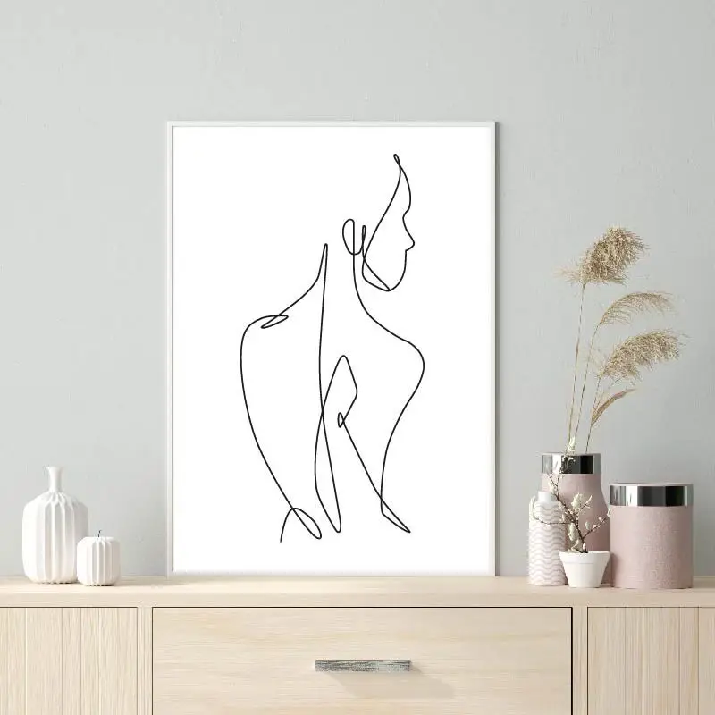 Continuous Line Art Female Body Figure Drawing Painting Art Poster Woman Backside Minimalist Black White Print Home Wall Decor