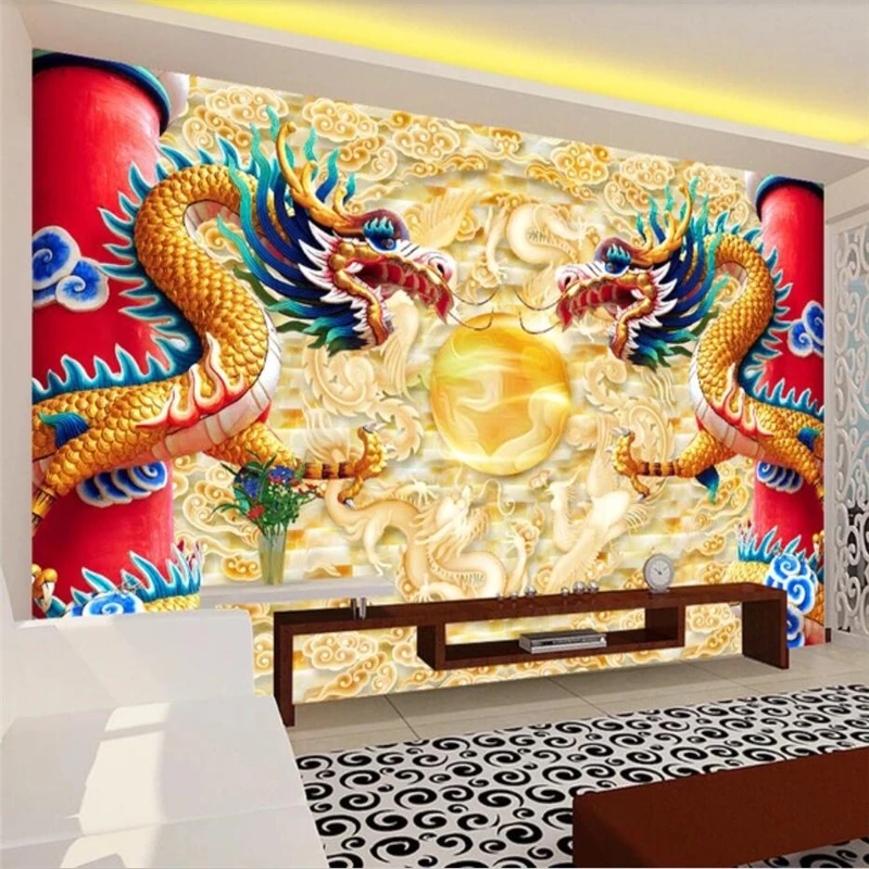 

wellyu papel de parede 3d custom large mural fashion home double dragon play beads chinese dragon tv background wallpaper