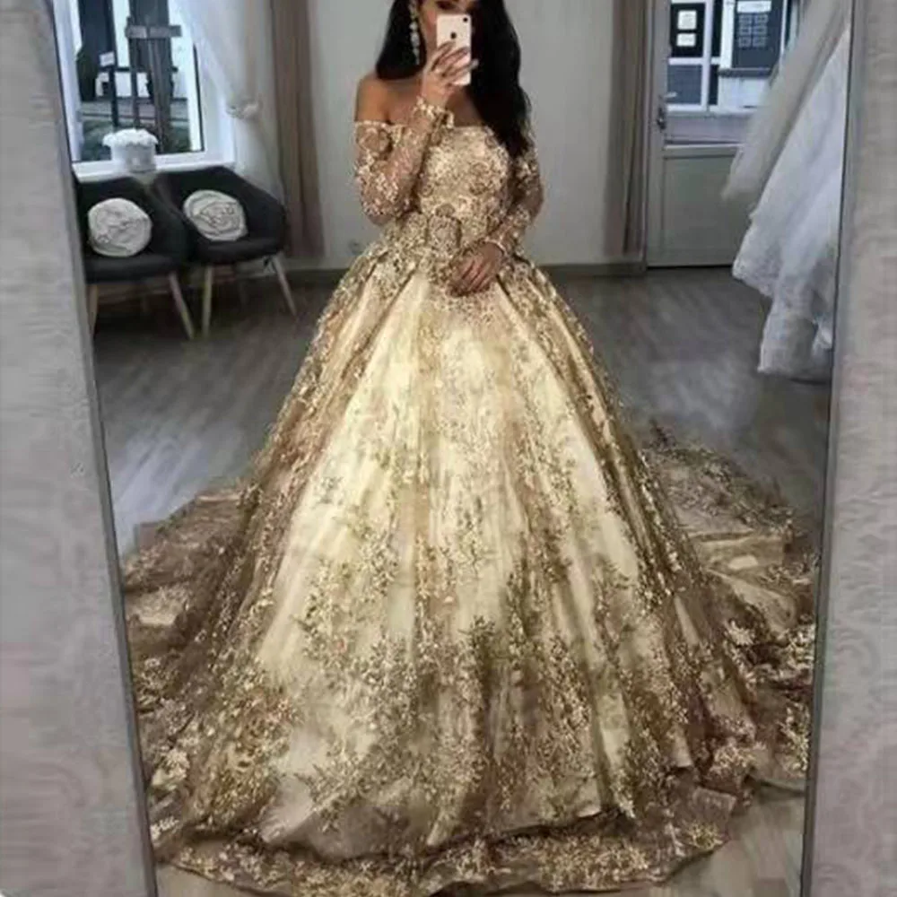 Luxe Gouden Kant Prom Jurken Baljurk Volledige Mouwen Boothals Strapless Backless Lace Uptrain Avondjurken Robes De Soiree