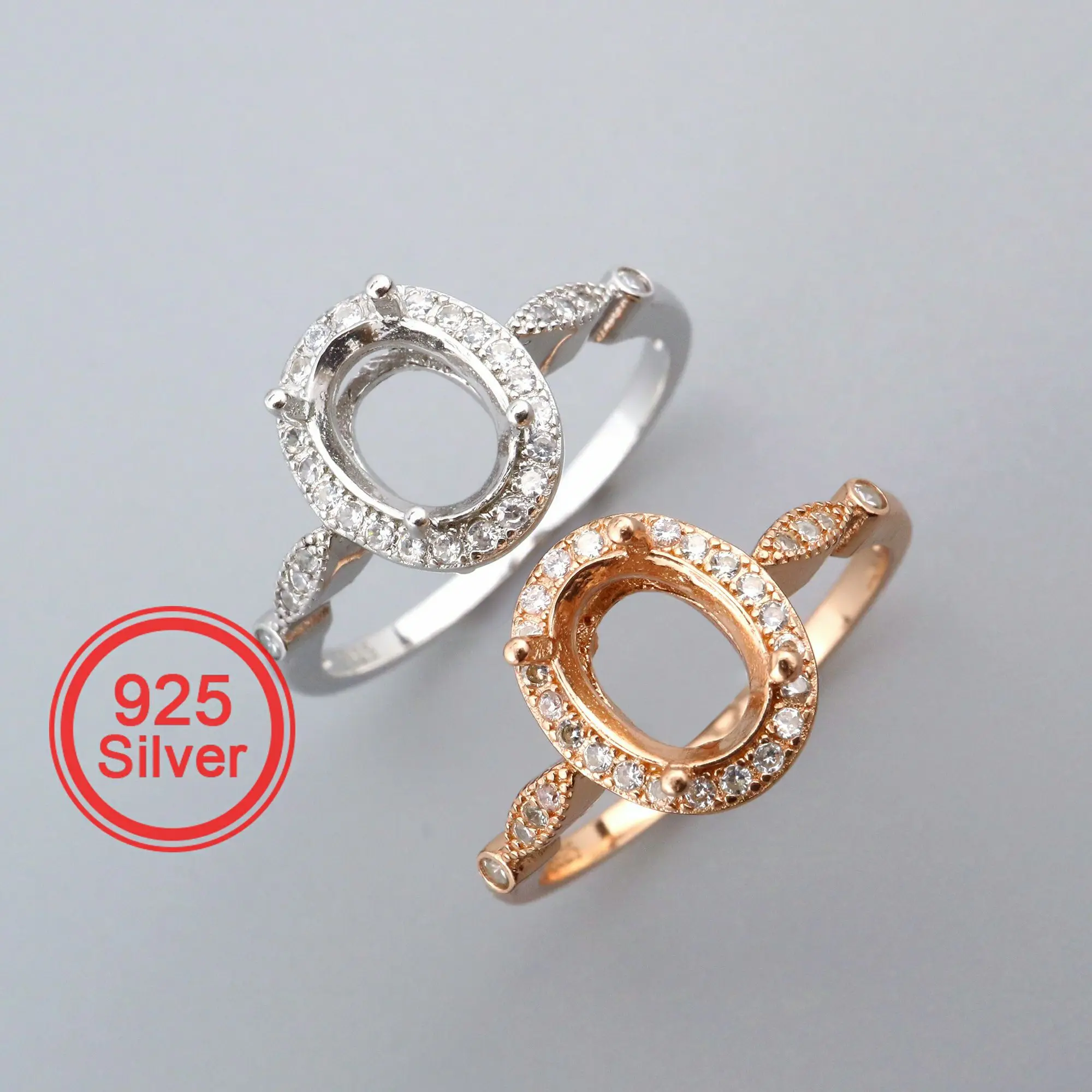 

6x8MM Oval Halo Prong Ring Settings Solid 925 Sterling Silver Rose Gold Plated Vintage Style Set Size DIY Ring Bezel 1224083